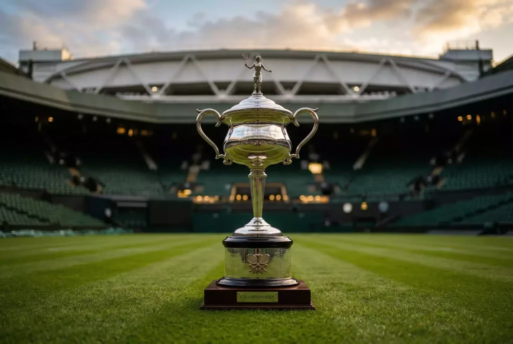 Grand Slam Wetten: Glänzende Tenniströphe auf Rasen mit Stadion im Hintergrund
