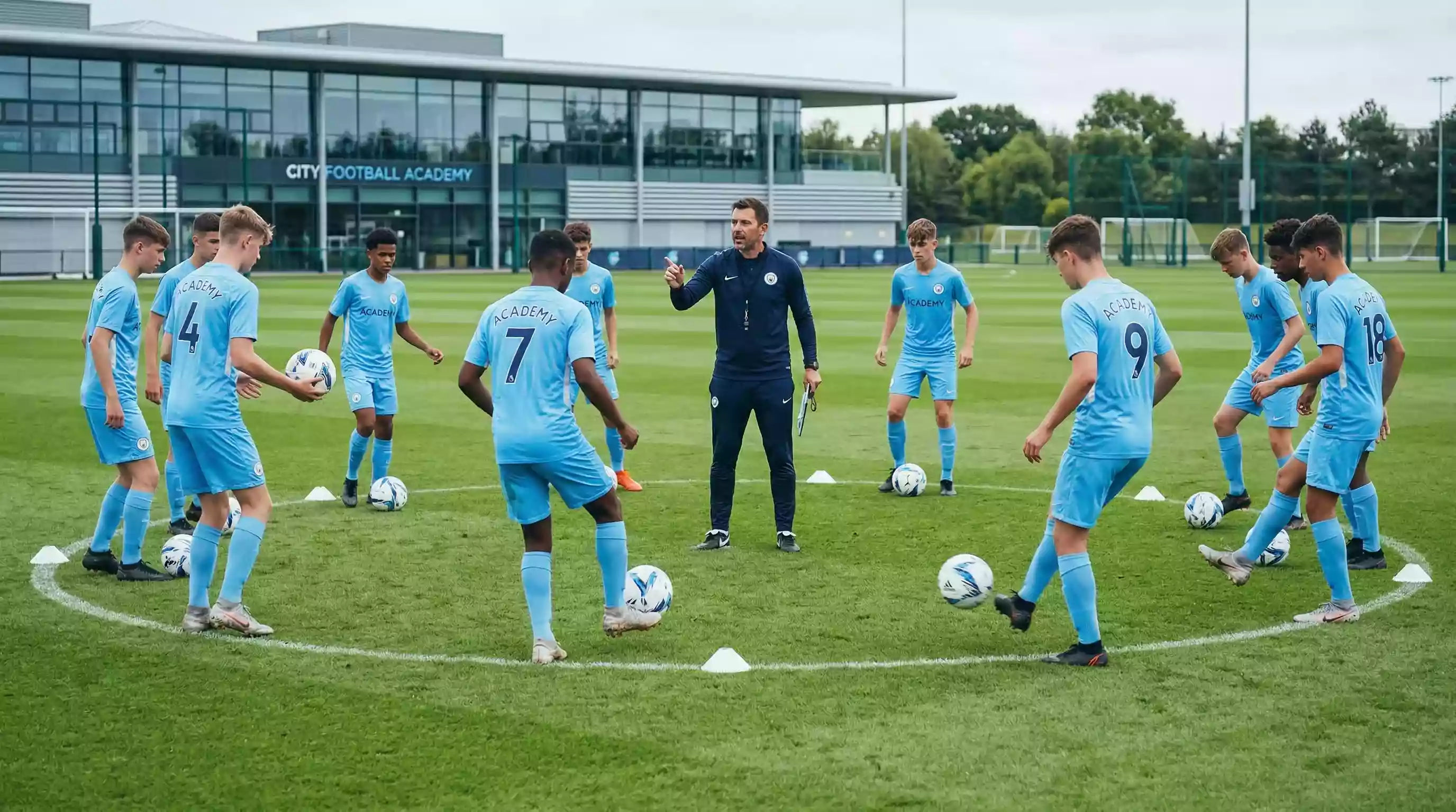 Jóvenes futbolistas entrenando en una academia de un club de la Premier League en césped natural