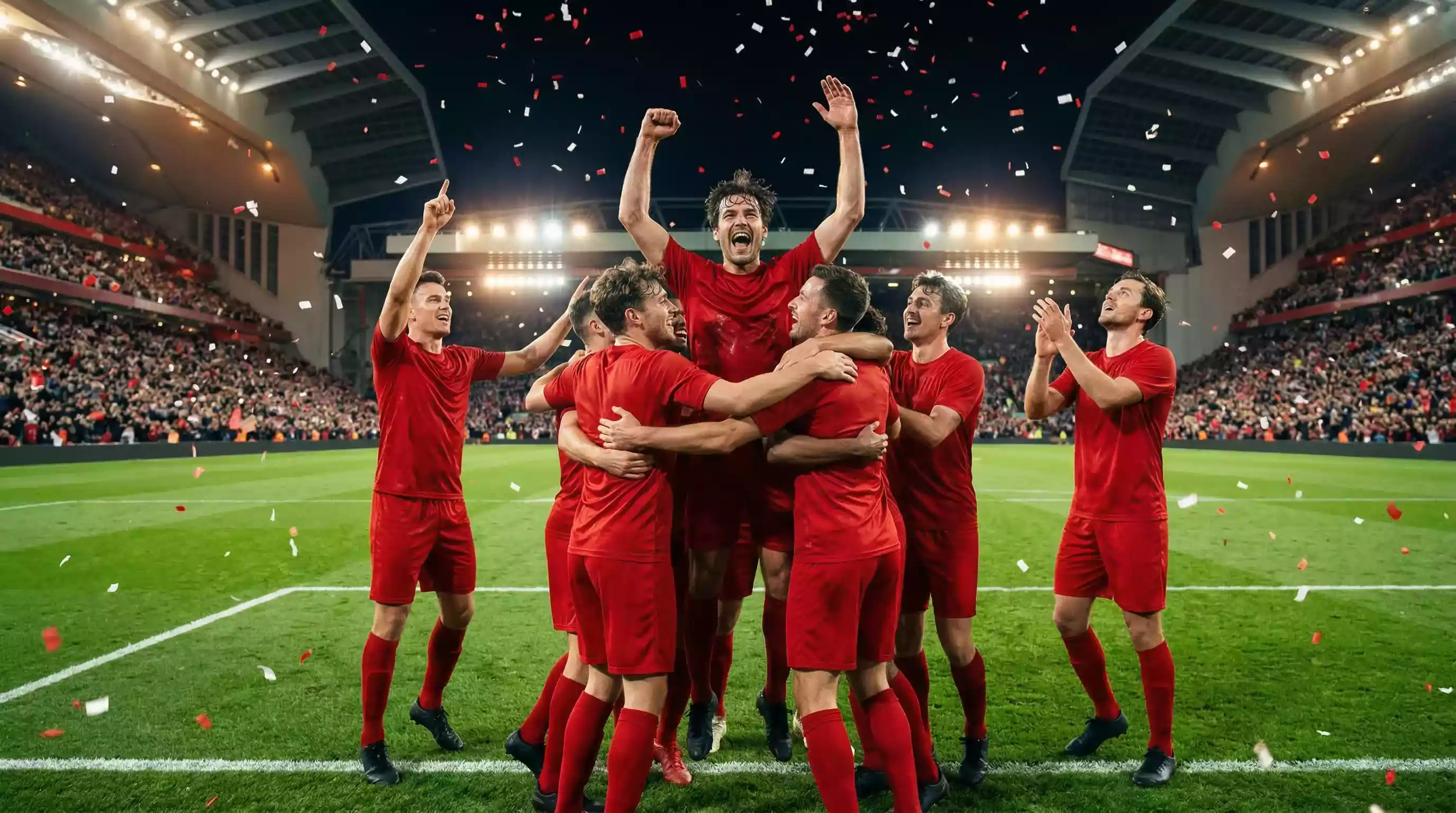 Jugadores del Liverpool celebrando el título de la Premier League 2025/26 en Anfield