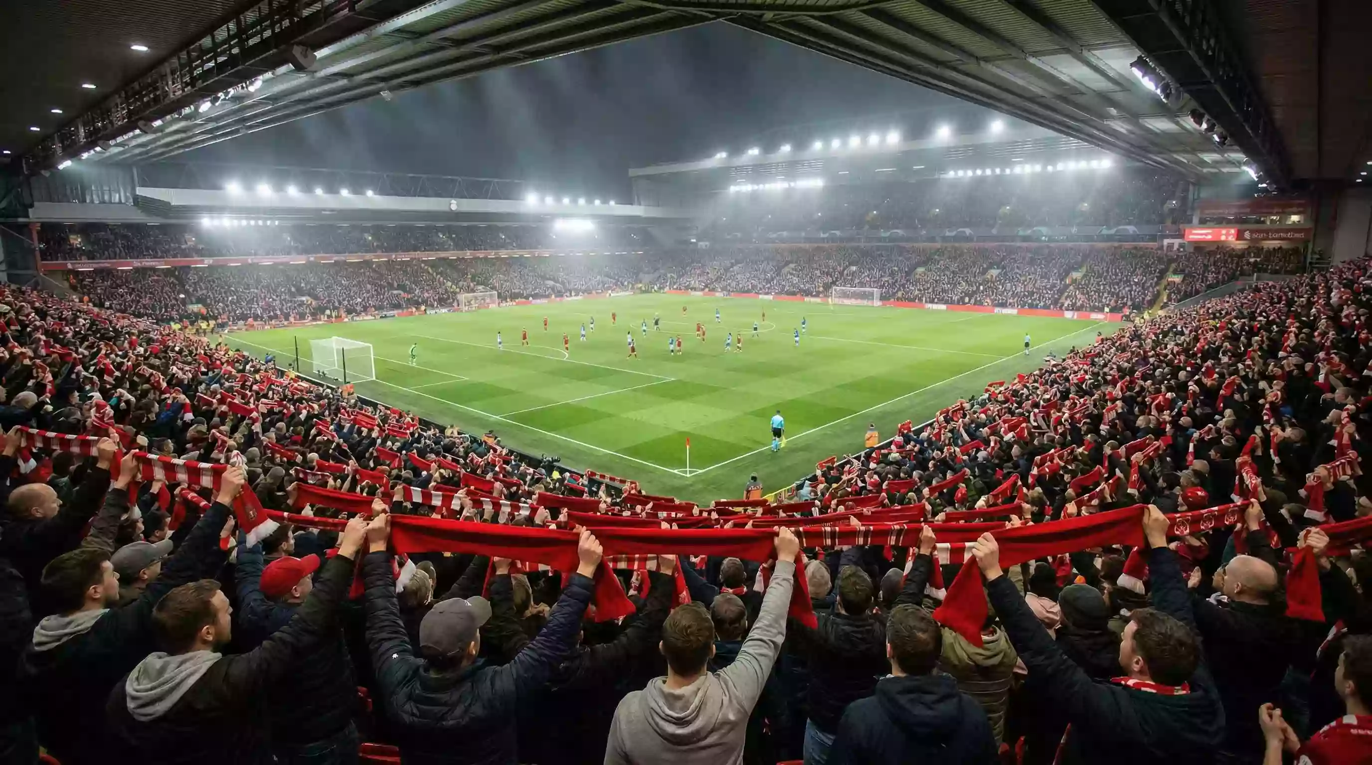 Aficionados llenando un estadio de la Premier League con pancartas y banderas del equipo campeón