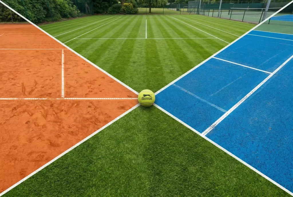 Tennis Belaganalyse: Drei verschiedene Tennisplatzbeläge nebeneinander – Sand, Rasen und Hartplatz