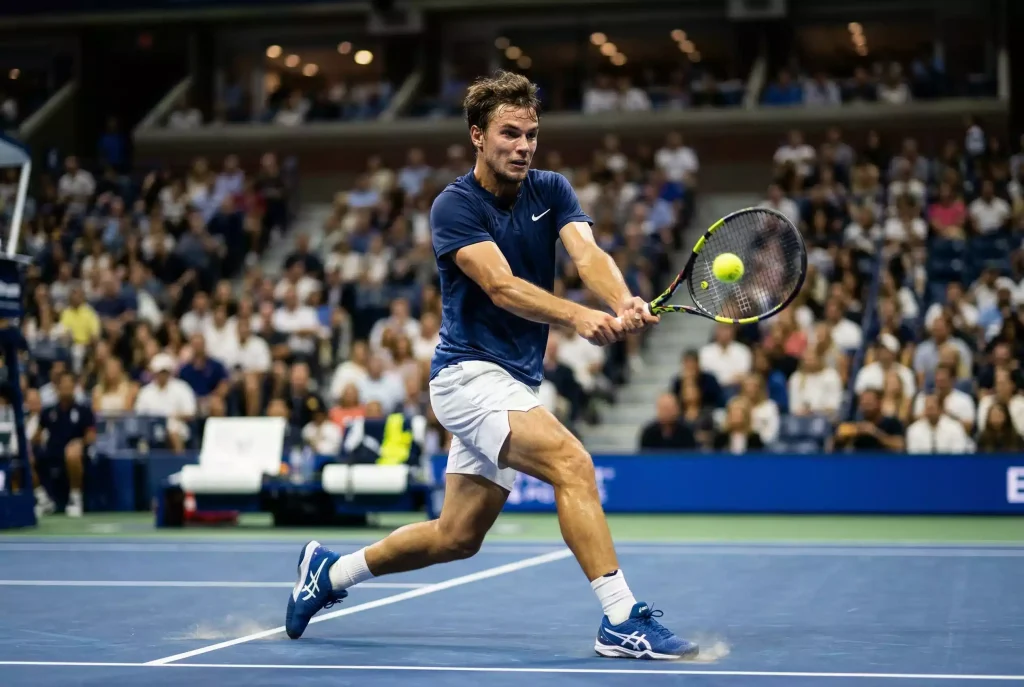 Tennis Live-Wetten Strategie: Spieler am Netz während eines spannenden Ballwechsels