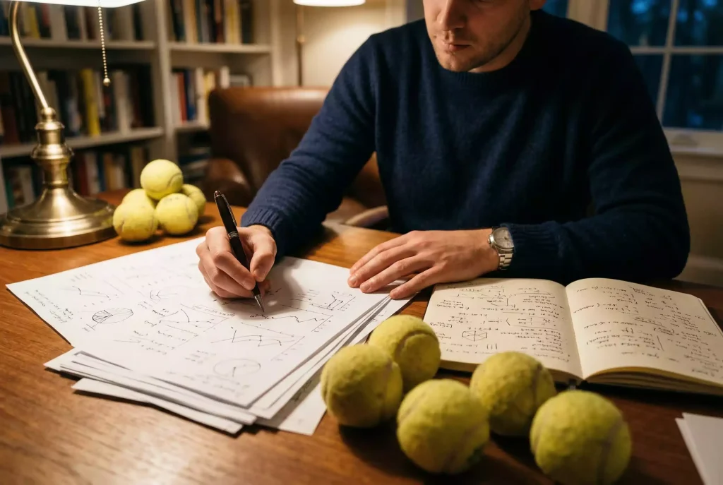 Value Betting Tennis: Analytiker studiert Tennisstatistiken auf Dokumenten